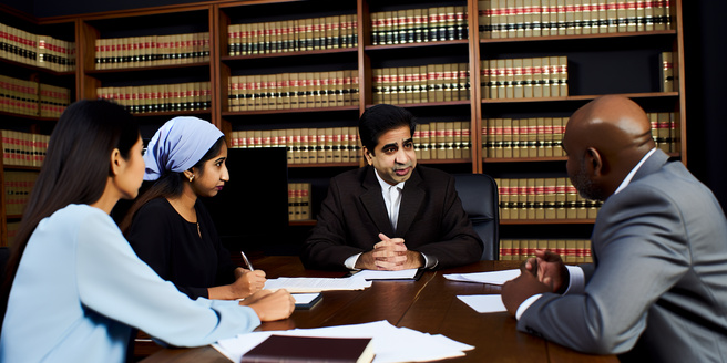 Plaintiffs and corporate defendants in a discussion in a law office