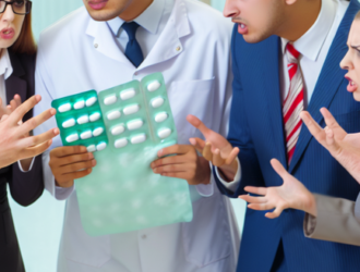 Several plaintiffs angrily confronting a pharmaceutical representative