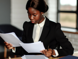 a lawyer reading documents on his desk in a welllit office