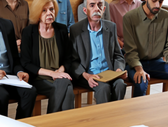 group of people gathered in a courtroom for a lawsuit hearing