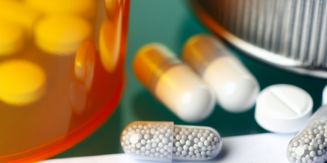A close-up image of a bottle of prescription pills with a lawsuit paper