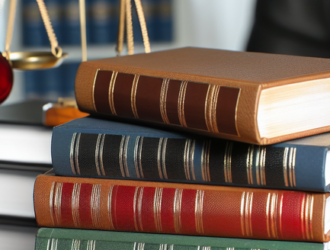 A collection of law books stacked haphazardly on a desk