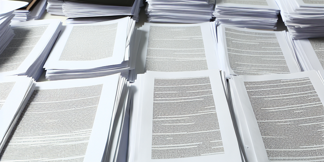 A dense, expansive collection of legal documents spread out across a table