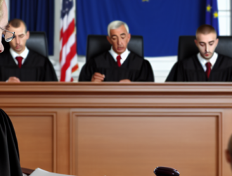 A federal court in session, with a judge reading out the judgment