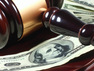 A gavel and a scattered pile of cash, representing the legal and financial implications of fraud lawsuits