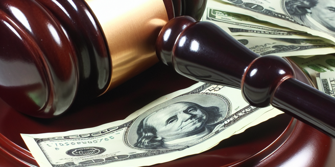 A gavel and a scattered pile of cash, representing the legal and financial implications of fraud lawsuits