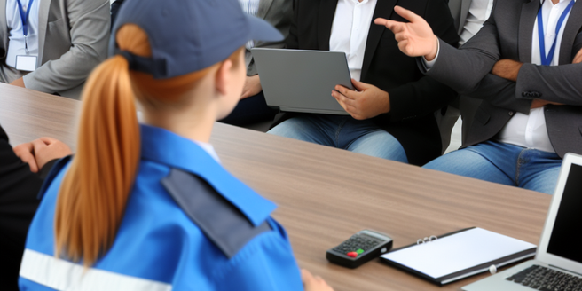 A group of employees attending a security management seminar