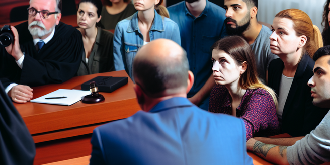 A group of individuals gathered in a courtroom, focusing on the judge