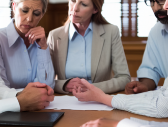 A group of individuals having a serious discussion in a courtroom setting