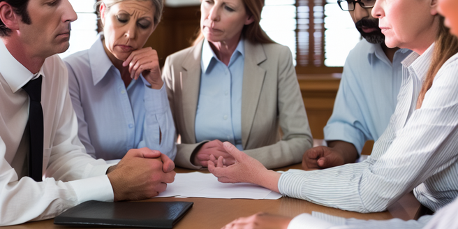 A group of individuals having a serious discussion in a courtroom setting