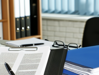 A law office with legal documents neatly arranged on the desk