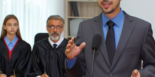 A lawyer speaking in front of a judge and jury