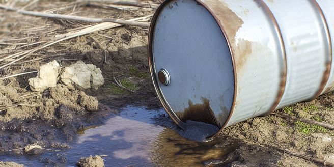 A leaky oil barrel discarded carelessly in the environment, hinting the petroleum contamination