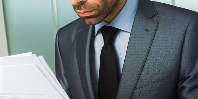 A man in corporate attire reading a business document intensively