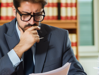 A mass tort lawyer, in deep thought, analyzing the case papers and documents on his desk