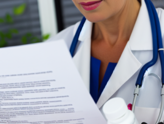 A medical professional reading through a list of potential side effects affiliated with a particular pharmaceutical drug