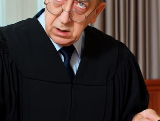 A stern looking judge presiding over a tort law case
