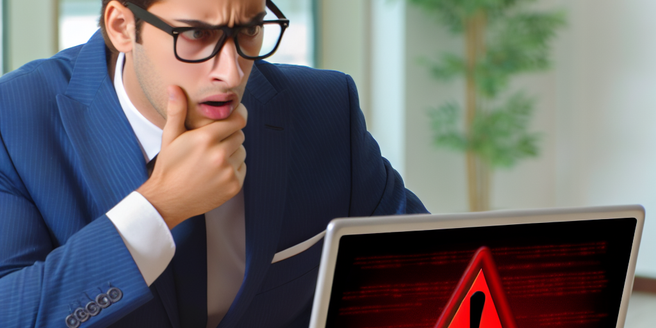 A worried business executive looking at a laptop screen displaying red warning signs