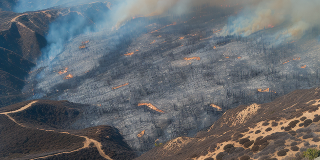 Aerial view of wildfire destruction caused by pg&e