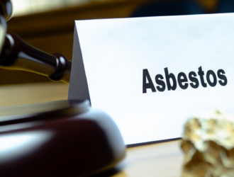 An image of a courtroom, with focus on a hammer and a paper labelled 'asbestos lawsuits