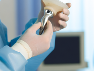 An orthopedic surgeon examining a depuy hip implant in a sterilized medical environment