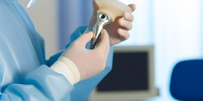 An orthopedic surgeon examining a depuy hip implant in a sterilized medical environment