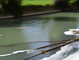An unfortunate event showing a substance spillage in a peaceful river