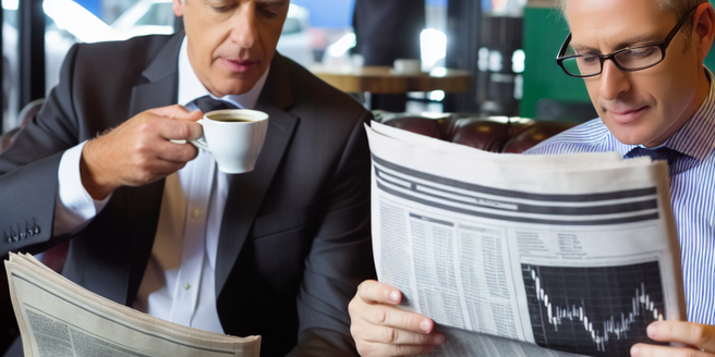 Investors reading financial newspapers in a coffee shop, reflecting staying informed