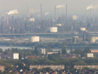 Perspective of a heavily industrialized city contributing to air pollution