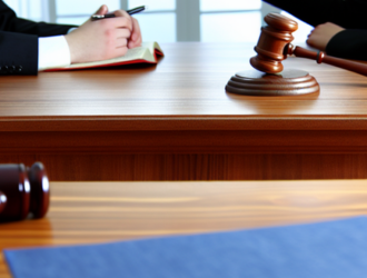 Two people debating in a courtroom, with an emphasis on the judge's bench