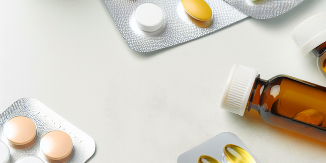 Various pharmaceutical products laid out on a clean surface
