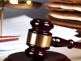 a gavel and the scales of justice with corporate documents